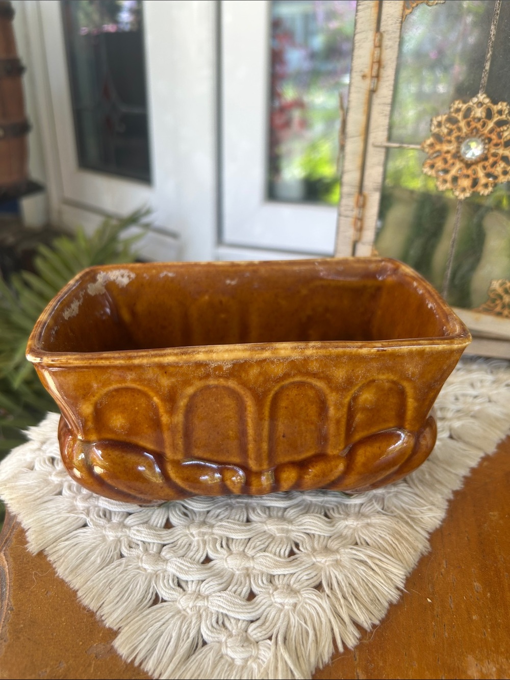 Vintage Amber Brown Drip Glazed Ceramic Planter